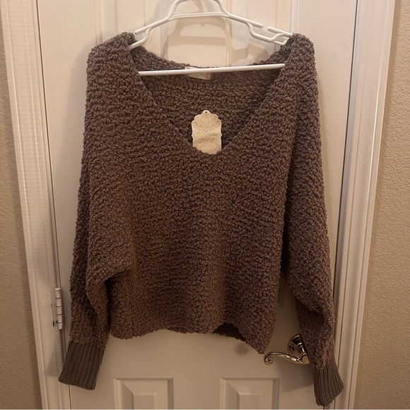 Altar’d State Mocha Mousse Brown Off Shoulder Sweater-S Cozy Cottagecore Relaxed - Picture 2 of 9